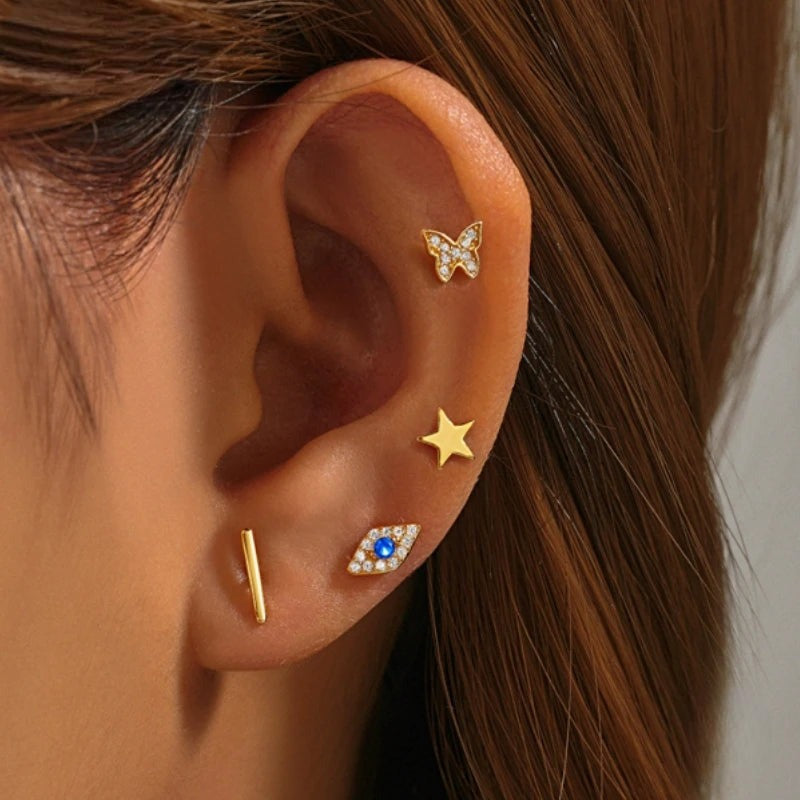 Evil Eye Star Butterfly Piercing Stud Earring Set