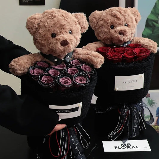 Eternal Roses Teddy Bear and Fresh Flower Cuddle Bucket!